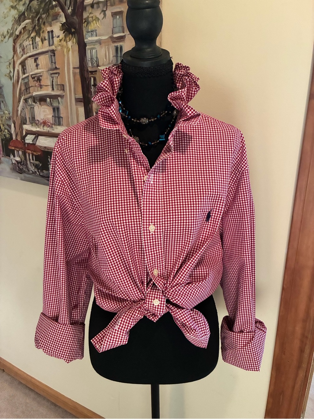 Ralph Lauren Red Gingham Ruffle Collar Button-Down Shirt